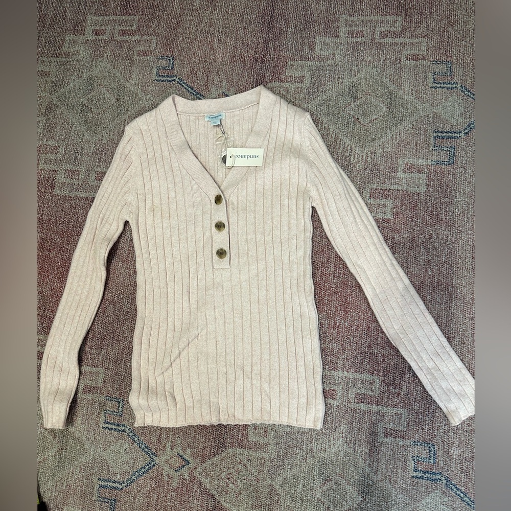 Sundance Ribbed V-Neck Button Sweater in Light Pink - Picture 11 of 11